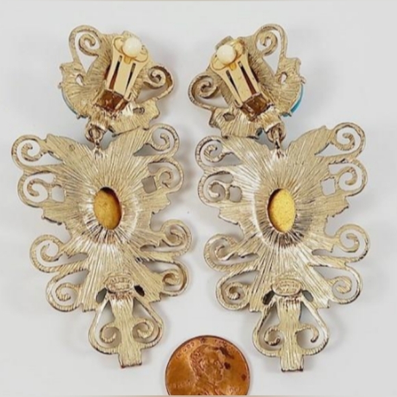 Kenneth J Lane 3" Dangle Opalite? Earrings Faux Turquoise 1970's VTG - Picture 3 of 5